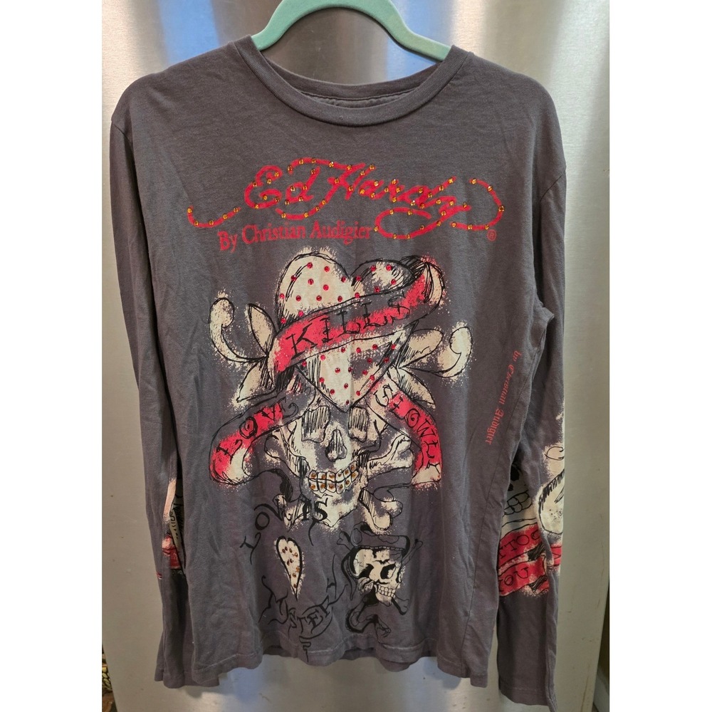 Ed Hardy Mens M Long Sleeve T-Shirt Gray Love Kills Slowly Skull Bulldog EH7129